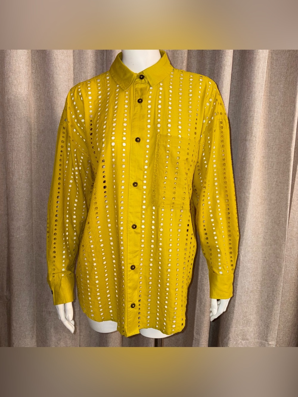 CALIA SZ XS OVERSIZED long sleeve mustard Yellow Eyelet Button-Up Shirt - COTTON